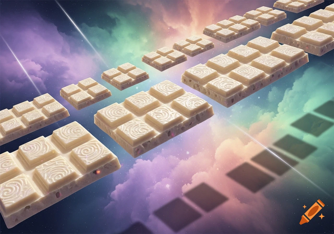 White chocolate bars with swirled patterns floating diagonally against a colorful, cloudy cosmic background with light rays.