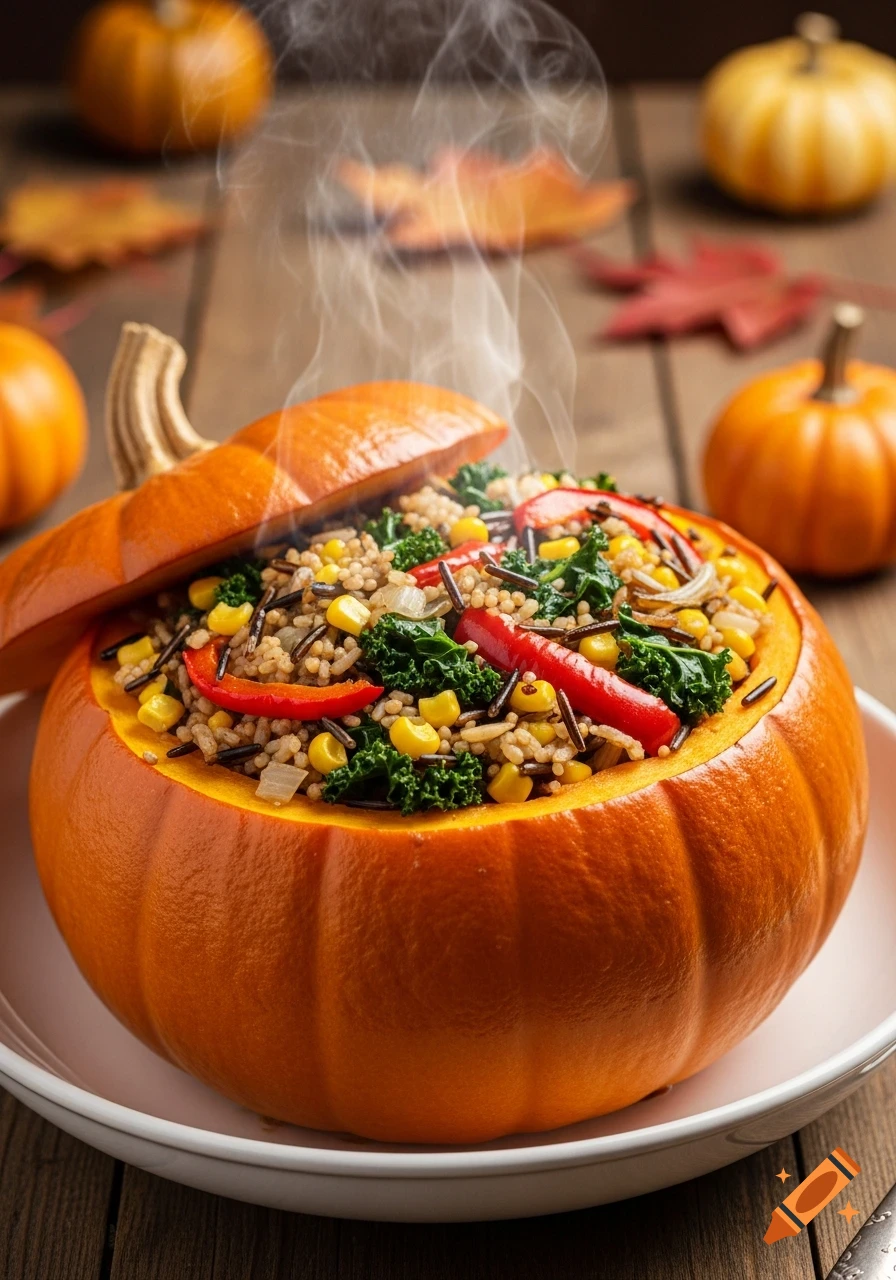 A steamy baked stuffed pumpkin filled with wild rice, corn, kale, and red peppers, on a wooden table with fall decorations.