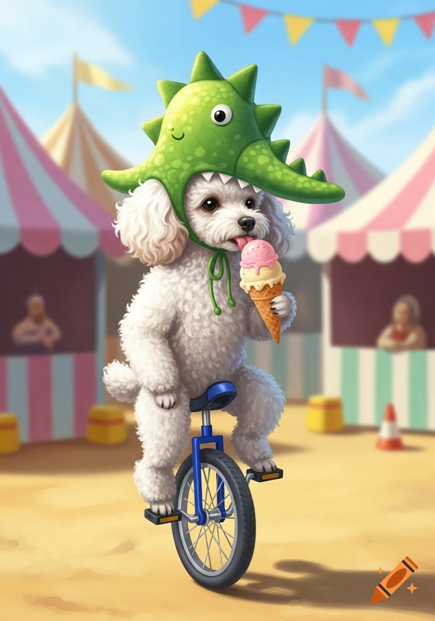 A cute white poodle in a green dinosaur hat rides a unicycle at a carnival, licking a pink ice cream cone.