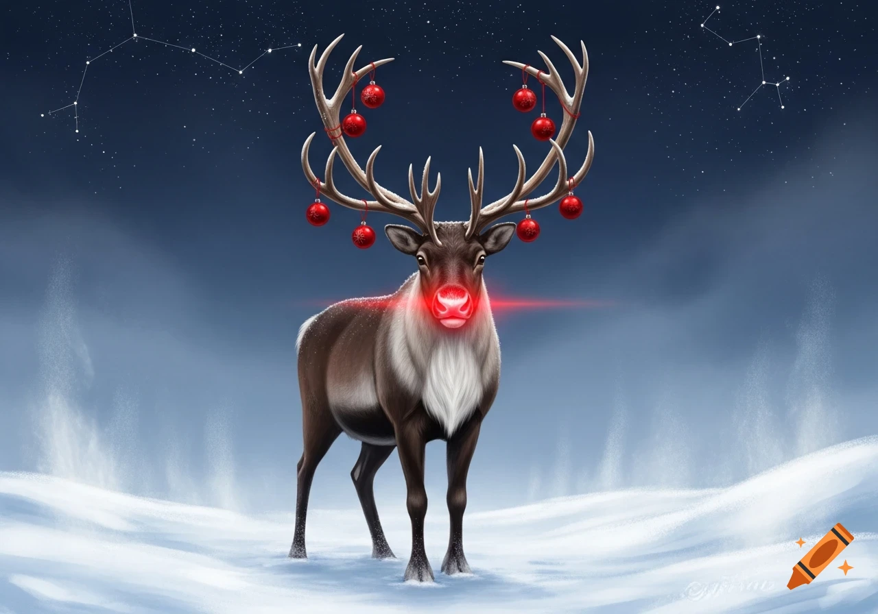 A reindeer with a glowing red nose and antlers adorned with red Christmas ornaments stands in a snowy landscape under a starry night sky.