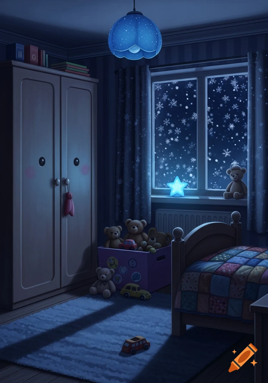 A cozy children's bedroom at night with snow falling outside a window, a bed, a closet, and toys scattered on the rug.