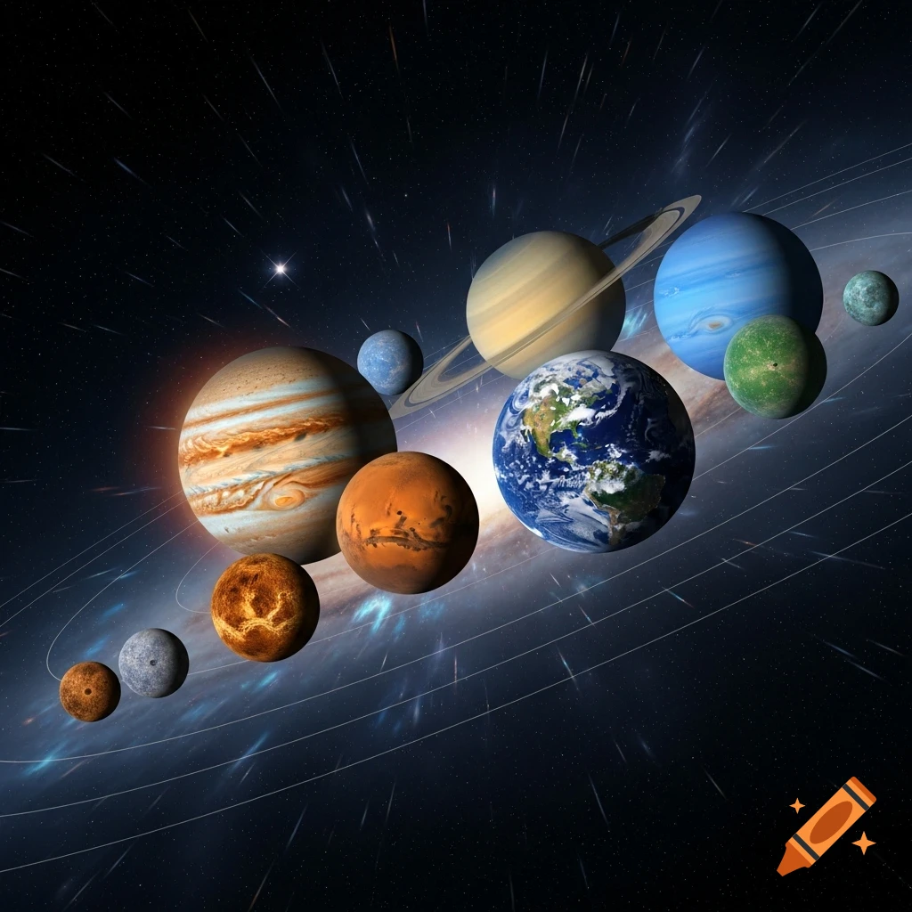 A vibrant depiction of various planets of the solar system, including Jupiter, Mars, Earth, Saturn, and Neptune, set against a dark, star-filled cosmic background.