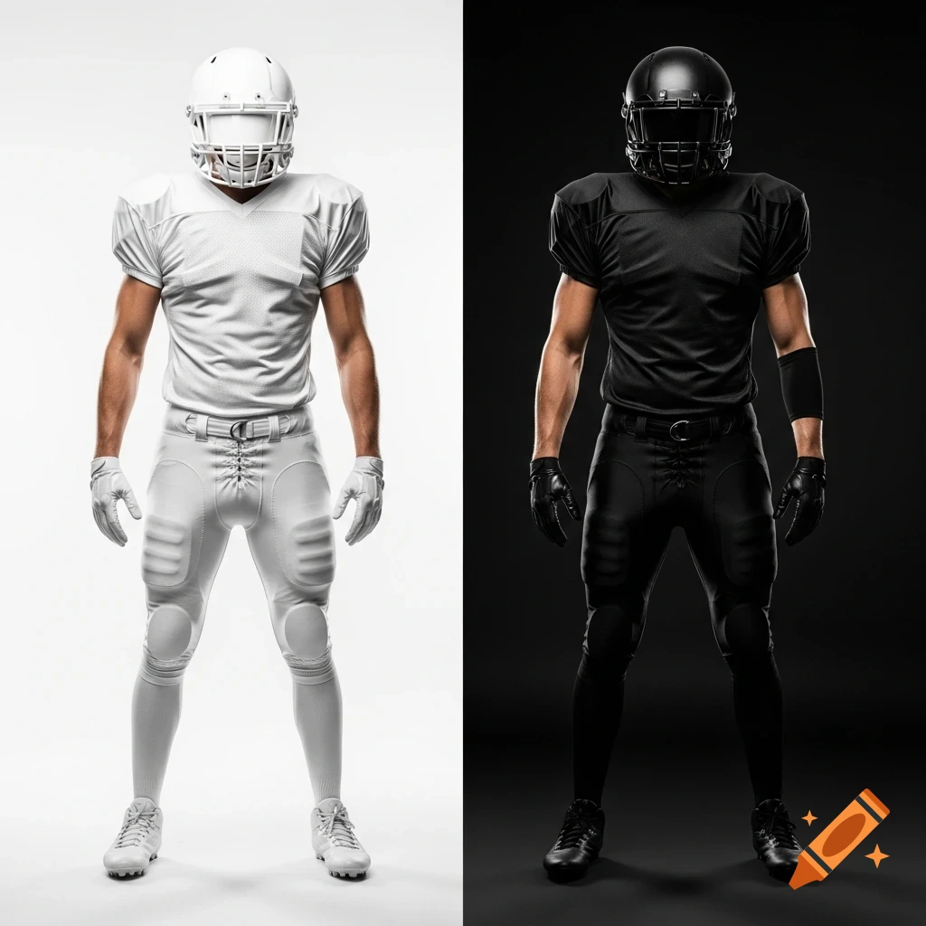 Two photorealistic American football players standing upright; one in all white on a white background, the other in all black on a black background.