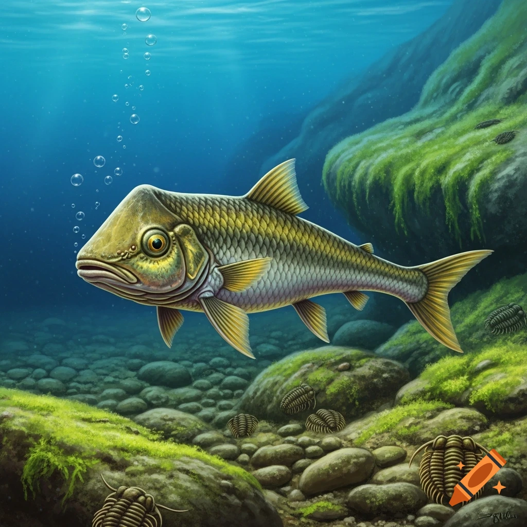 An ancient fish with a pyramid-shaped head and eyes on top swims in a Silurian sea among rocks, algae, and trilobites.