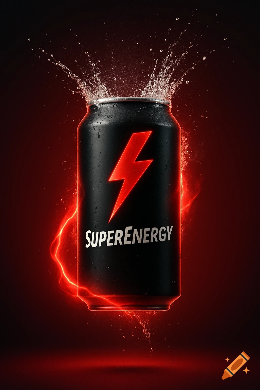 A black energy drink can with a red lightning bolt and 'SUPERENERGY' text, surrounded by red energy and splashing water. Photorealistic.
