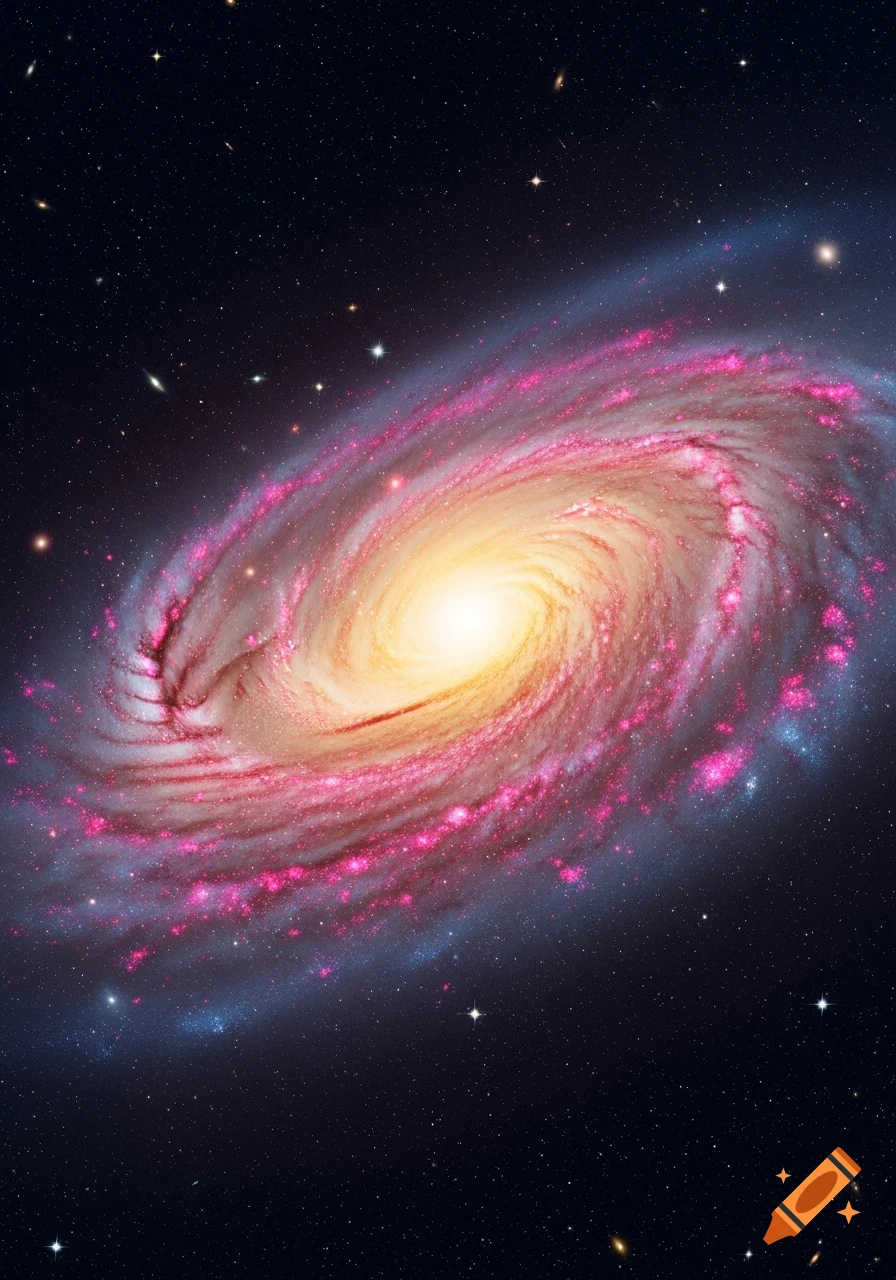 A vibrant spiral galaxy with a bright yellow core and swirling pink and magenta arms against a dark, star-filled cosmos.