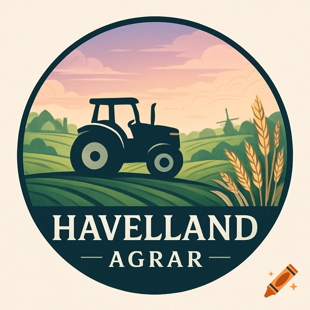 Circular logo with a dark tractor on green fields, a windmill, wheat stalks, and a colorful sky. Text reads 'HAVELLAND AGRAR'.