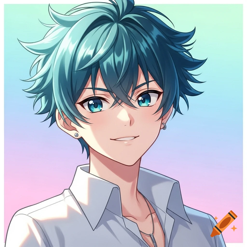 A bright anime portrait of a young boy with spiky blue-green hair and blue eyes, smiling in a white collared shirt.