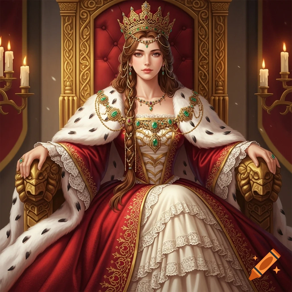 A queen in a red and gold gown, white fur cape, emeralds, and a crown, sits on an ornate golden throne in a regal portrait.