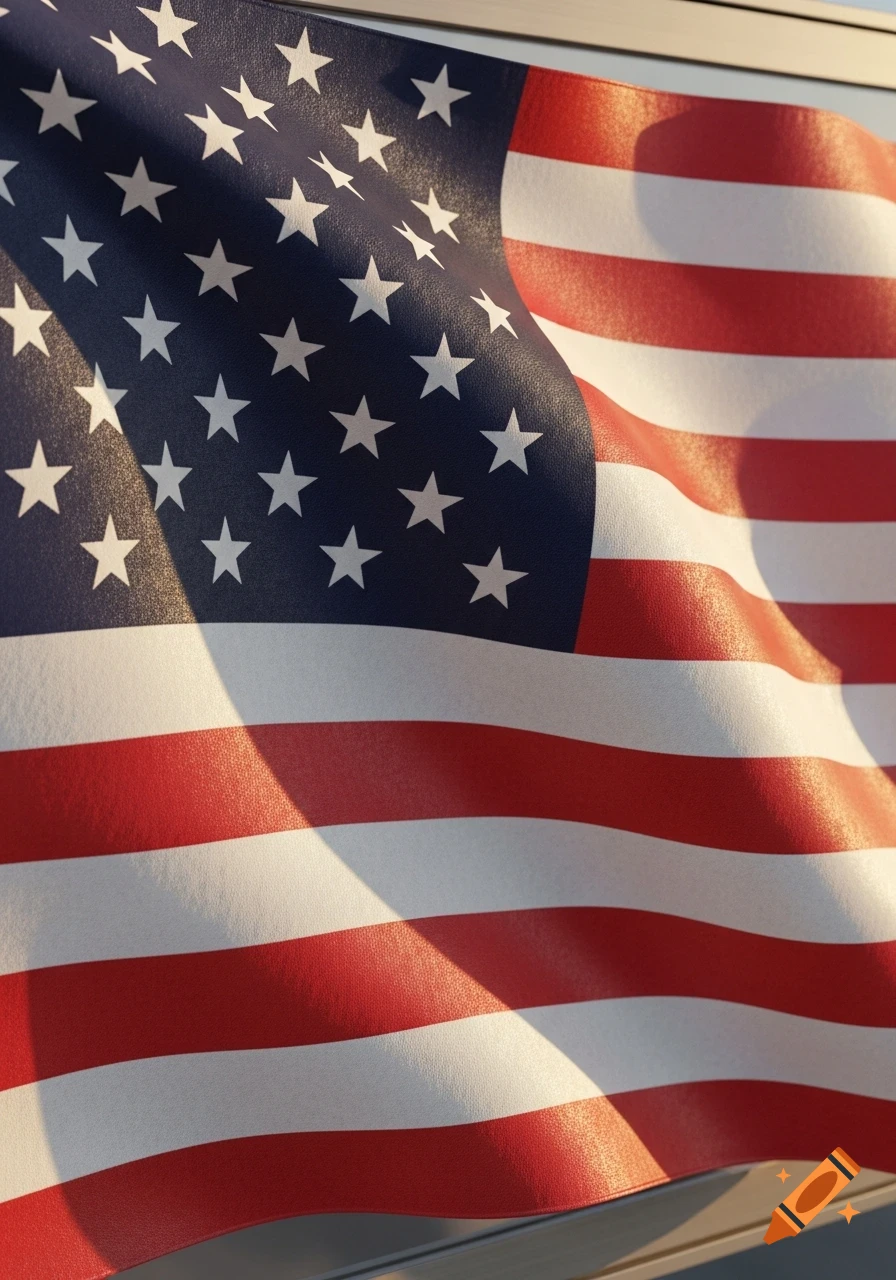 Photorealistic waving American flag with prominent wrinkles and shadows.