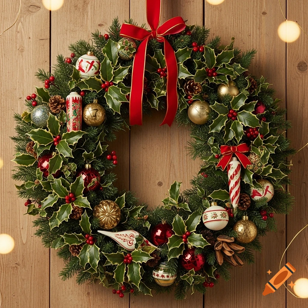 A festive Christmas wreath with a large red ribbon, green holly, red berries, pinecones, and various ornaments hangs on a wooden door.