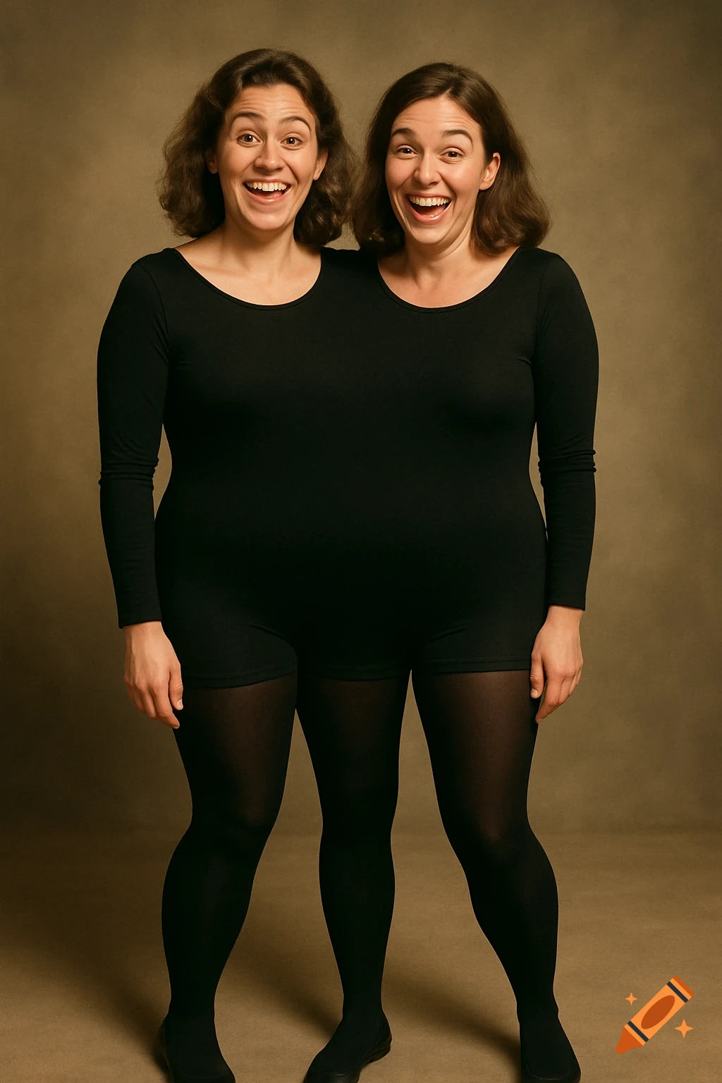 Two smiling women appear conjoined, sharing one black long-sleeved leotard and black tights, standing against a brown background.