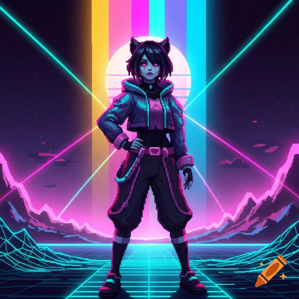 A pixel art anime character with cat ears and glowing eyes stands in a vibrant neon synthwave landscape with a grid ground and colorful vertical light beams.
