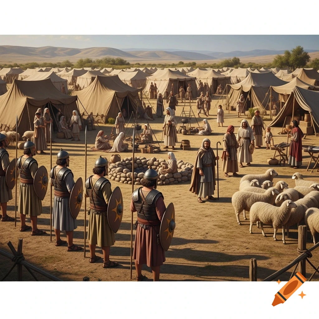 An expansive, photorealistic scene of an ancient desert camp with many tents, figures in period clothing, watchful soldiers, and a flock of sheep.