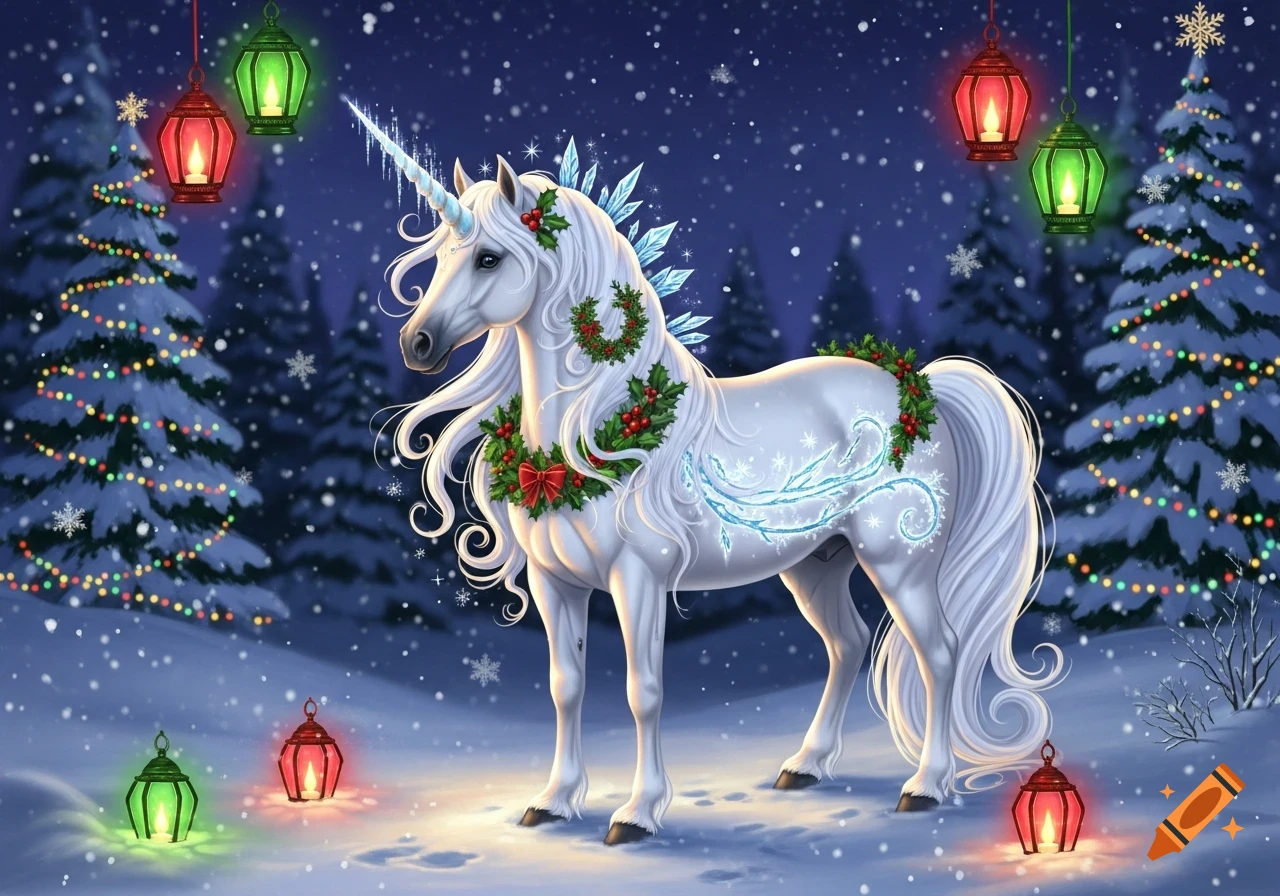 White unicorn adorned with Christmas wreaths and ice, standing in a snowy forest at night with decorated trees and glowing lanterns. Illustration.