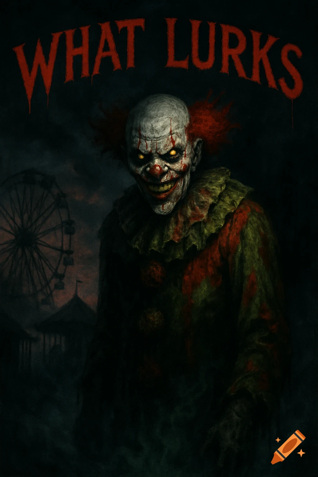 A creepy clown with glowing yellow eyes and blood-stained face smiles menacingly at a dark carnival scene with a Ferris wheel, under the red text "WHAT LURKS".