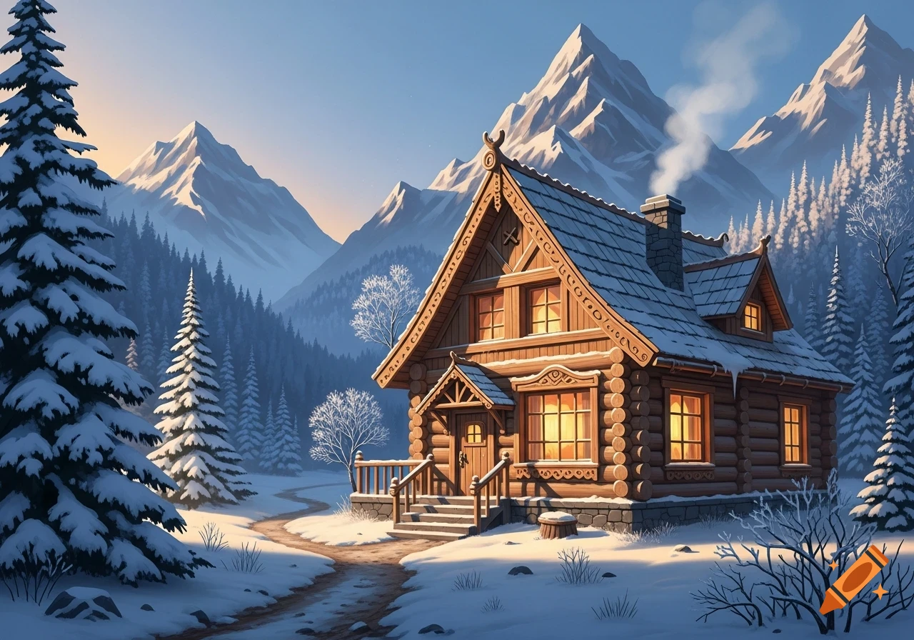 A cozy wooden log cabin with glowing windows sits in a snowy mountain landscape, surrounded by pine trees under a clear sky.