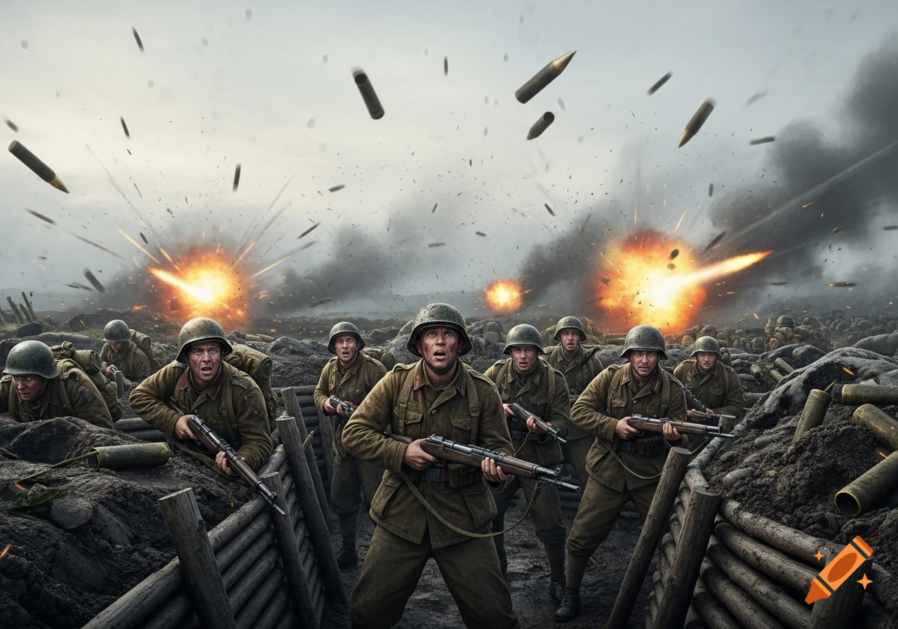 Photorealistic image of World War 2 soldiers in trenches looking up in fear as artillery shells explode around them, with smoke and debris filling the sky.