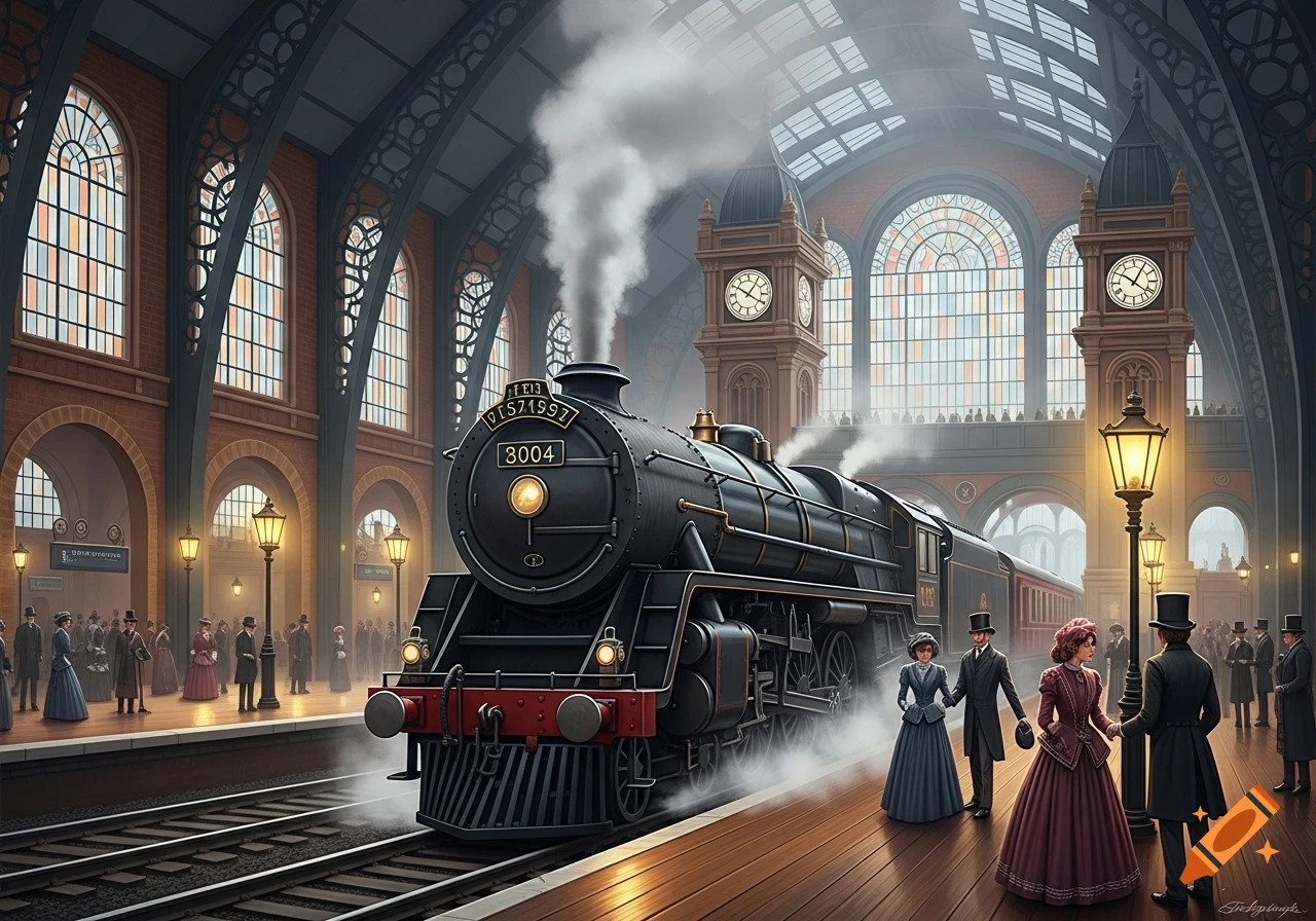 A black steam train emits smoke in a grand Victorian train station. People in period attire stand on a polished wooden platform.