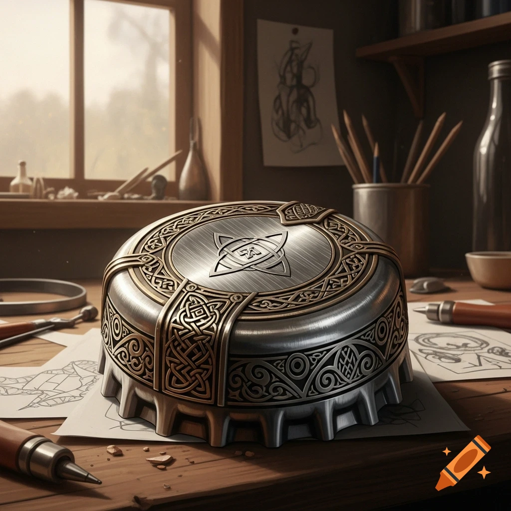A highly detailed, ornate silver and gold Celtic knot-designed bottle cap rests on a wooden desk with crafting tools in a sunlit room.