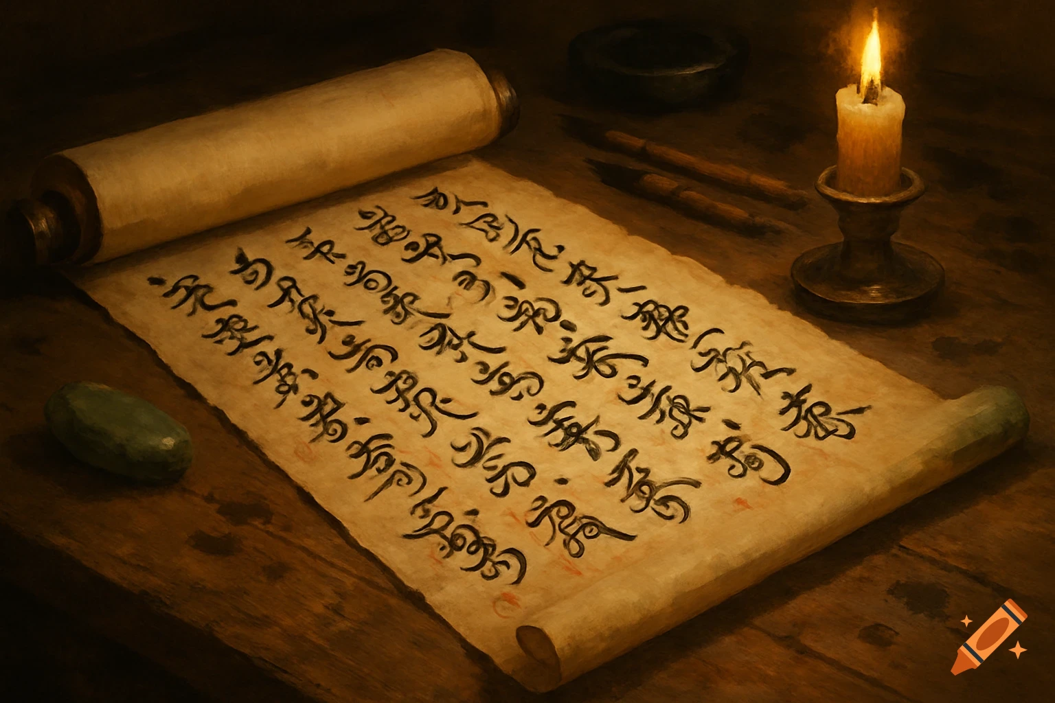 An old scroll with pseudo-Chinese calligraphy unrolled on a wooden table, illuminated by a burning candle in a brass holder. Writing brushes and an inkwell are nearby.