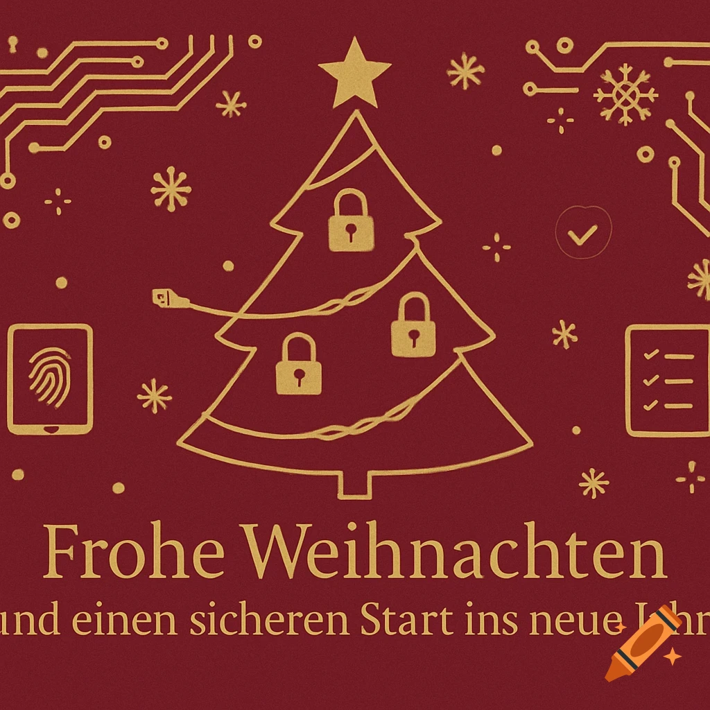 Red and gold vector Christmas card with a tree, padlocks, circuit board patterns, and 'Frohe Weihnachten und einen sicheren Start ins neue Jahr' text.