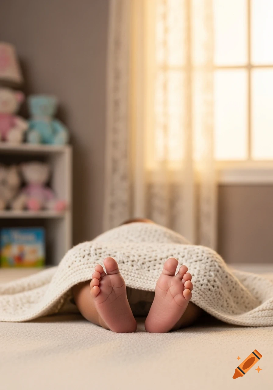 Tiny baby feet peek out from under a cream knitted blanket in a cozy nursery, with soft light from a window.