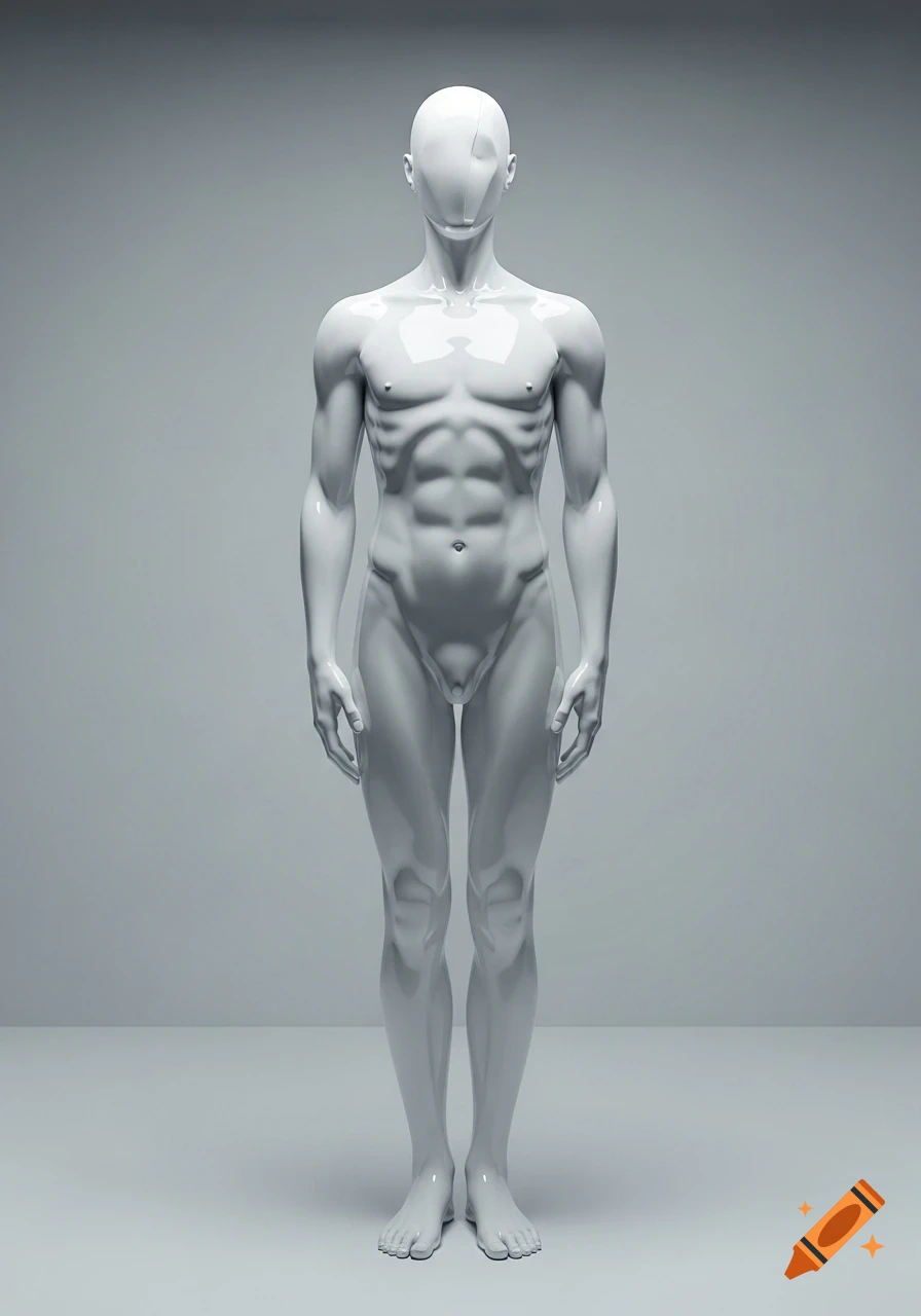 A full-body shot of a glossy white, featureless, muscular male mannequin against a plain grey background.