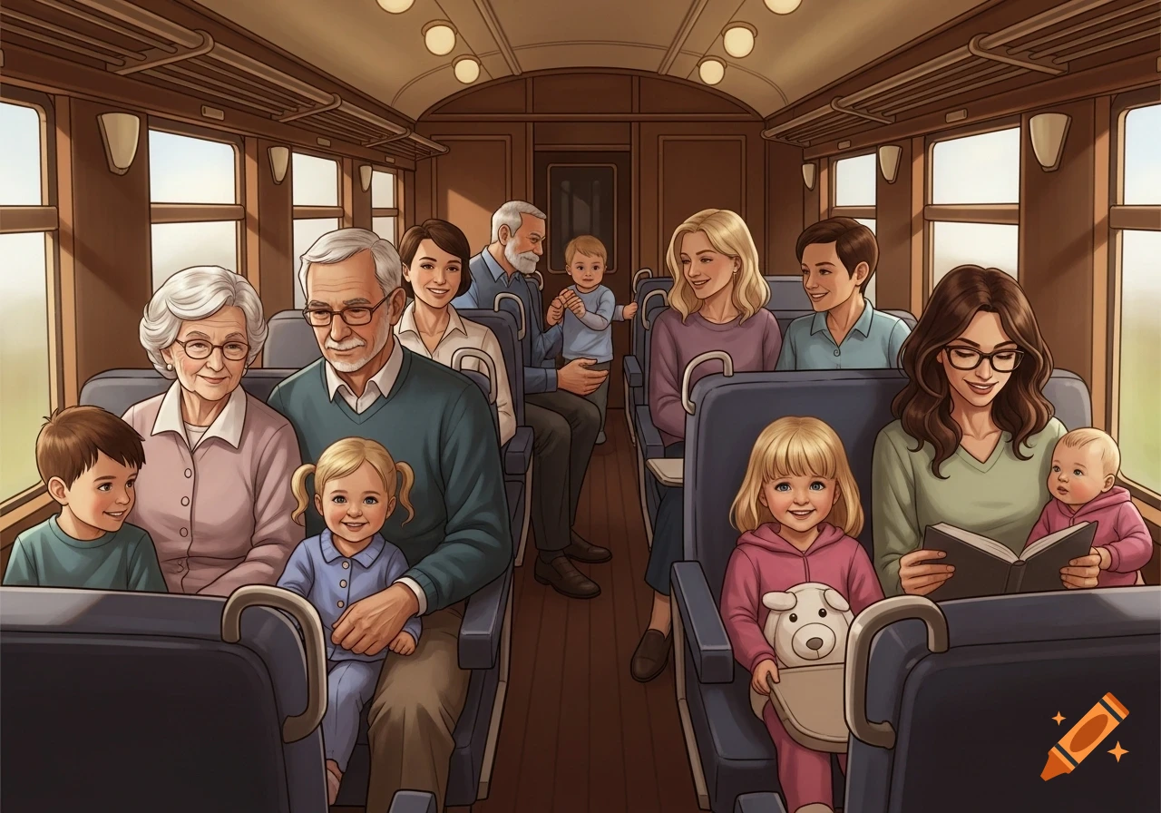 An illustration of a multi-generational family, including grandparents, parents, children, and a baby, riding in a train compartment.