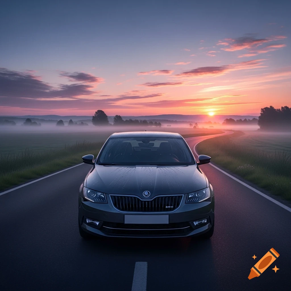 A dark grey Skoda car is parked on a wet road, facing forward at sunrise with mist over fields and trees.