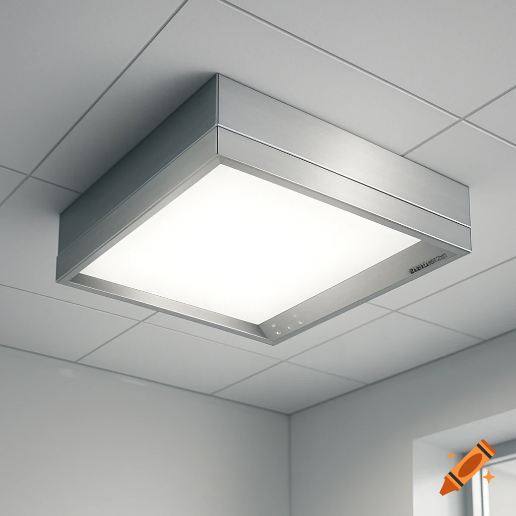 A square silver ceiling light fixture mounted on a white grid ceiling, illuminating a bright room.