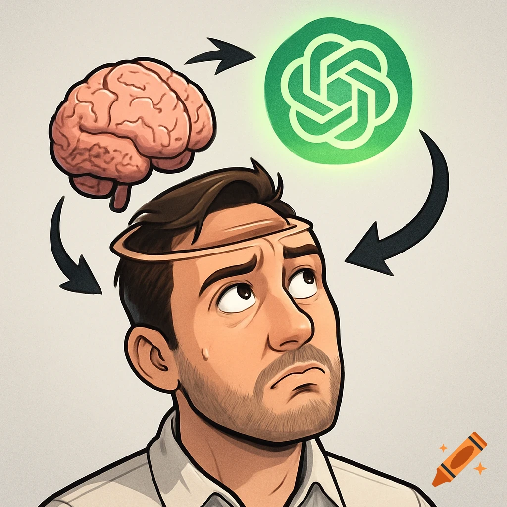 Cartoon man with open head, brain leaving, ChatGPT logo entering, with arrows, depicting AI's influence on human thought.