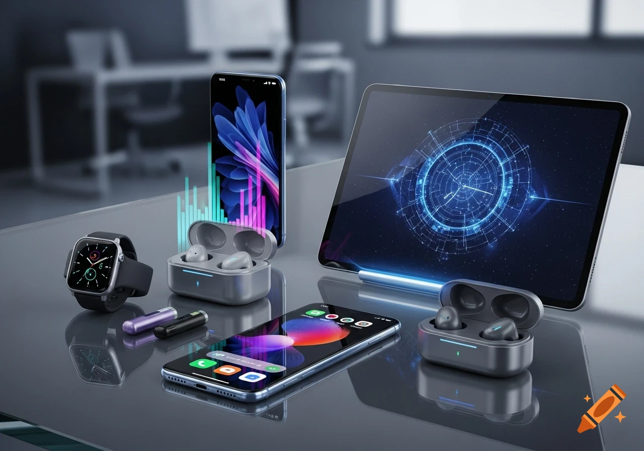 A collection of modern electronic gadgets including two smartphones, a smartwatch, two sets of wireless earbuds, and a tablet, arranged on a reflective surface.