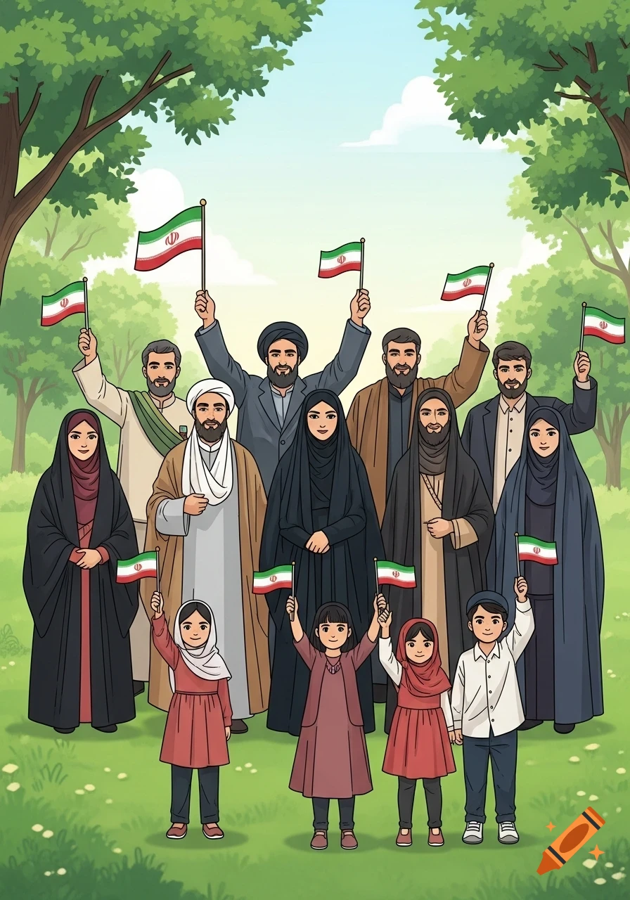 A cartoon illustration of diverse Iranian families, including men, women, and children, smiling and holding Iranian flags in a lush park.