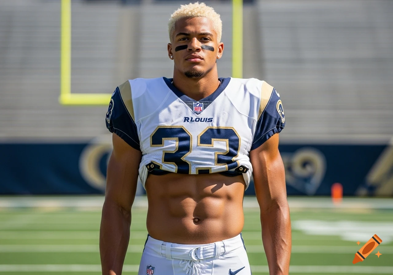 A muscular football player with blond hair and eye black, wearing a white and blue St. Louis Rams jersey with number 32, stands on a field.