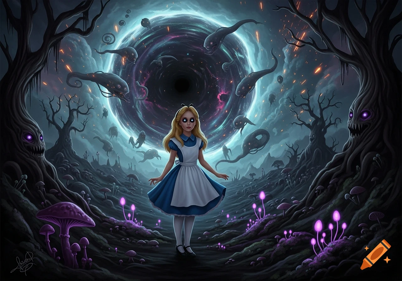 Alice with glowing eyes in a dark, alien landscape with menacing trees, glowing mushrooms, and strange creatures around a cosmic portal.