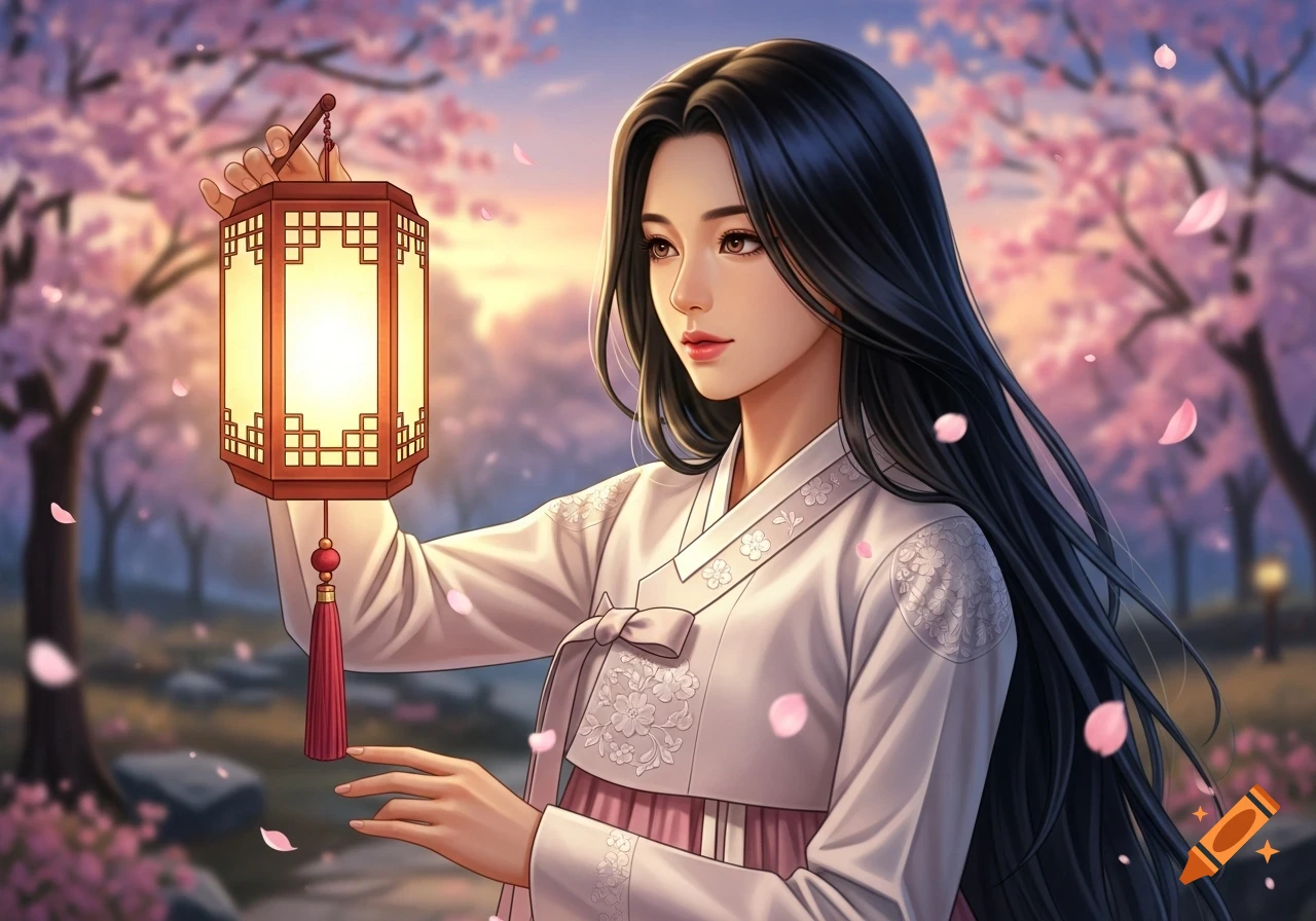 A beautiful Korean woman in a white hanbok holds a glowing lantern amidst falling pink cherry blossoms at sunset, in an anime style.