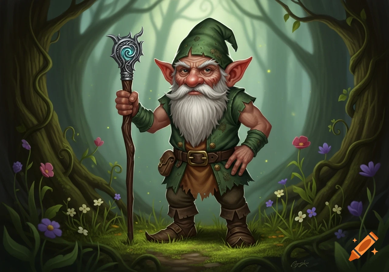 A crotchety old gnome with a long white beard and a green hat, holding an ornate staff in a mystical forest setting.