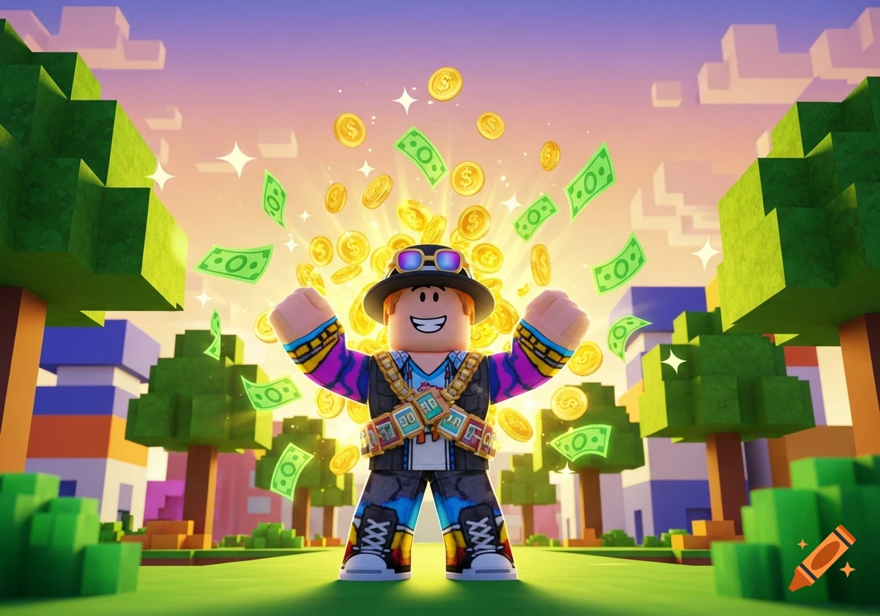 A smiling Roblox-like character with arms raised in a blocky world, surrounded by falling money under a vibrant sunset sky.