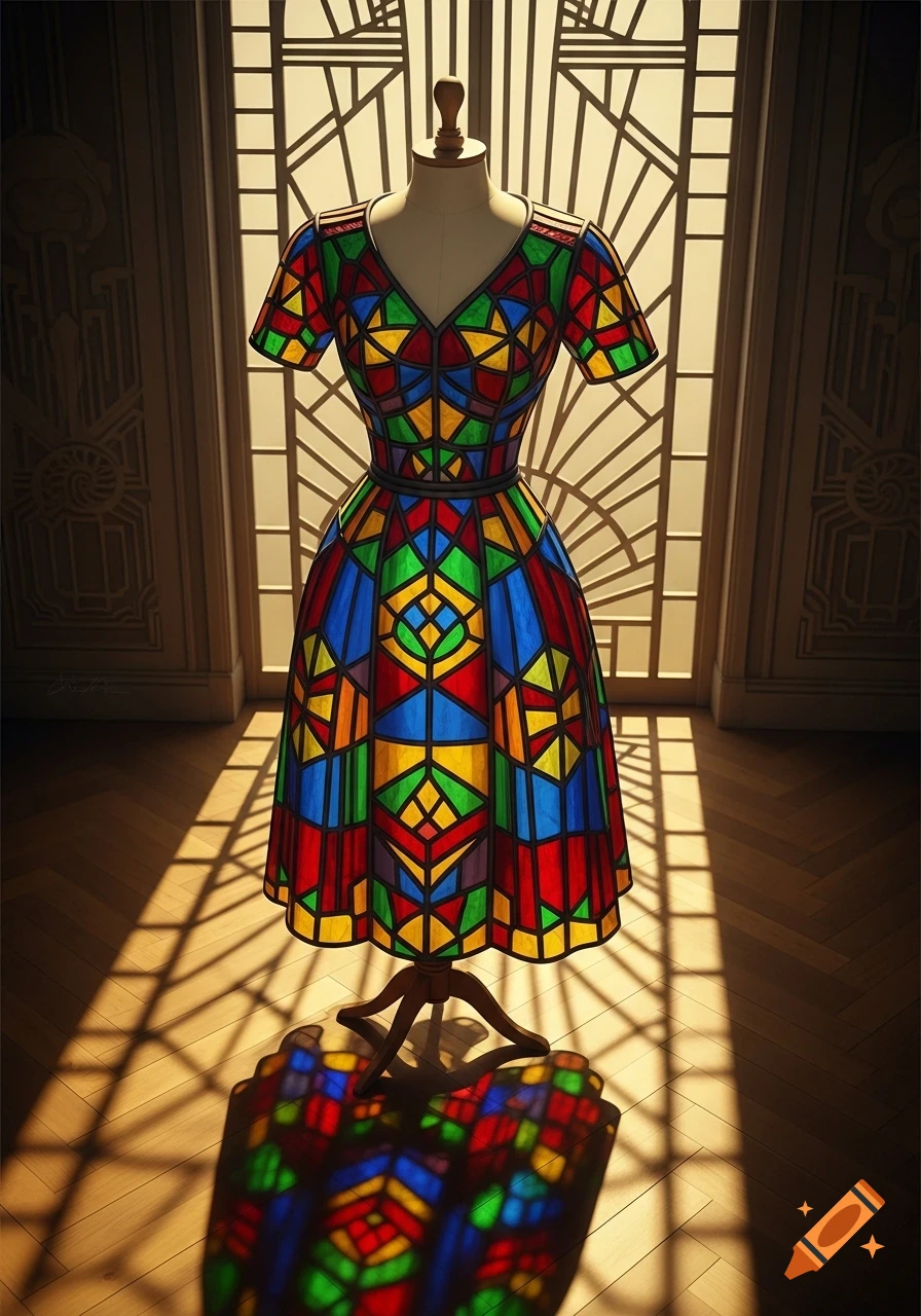 A colorful, intricate stained glass vintage 1940s dress on a mannequin, with light casting its pattern onto a wooden floor.