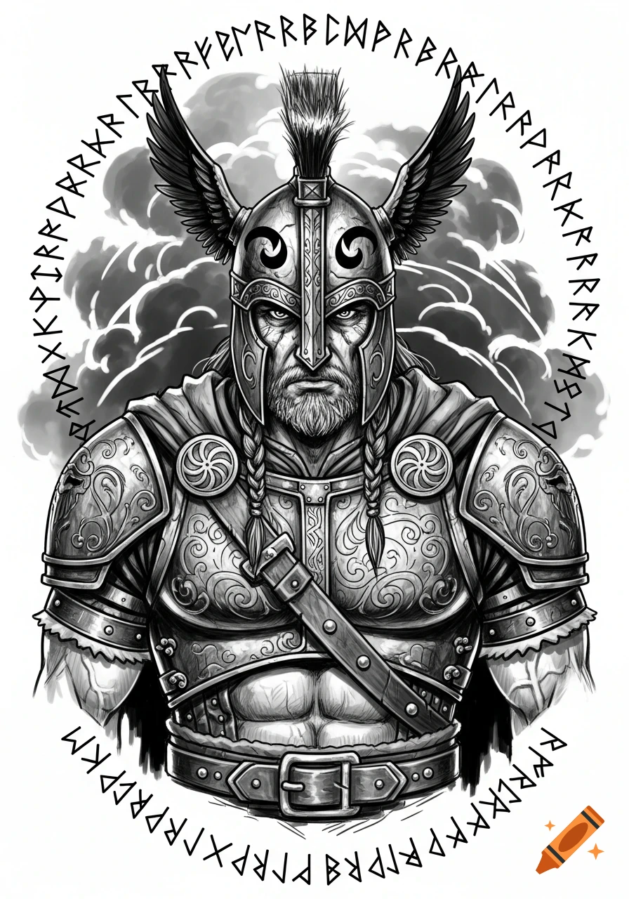Black and white illustration of a Viking warrior in ornate armor and a winged helmet, surrounded by a circle of runes.