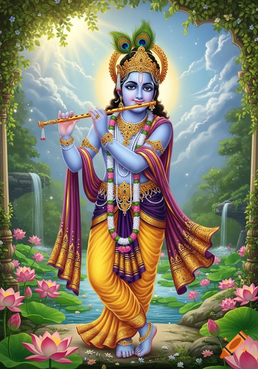 Vibrant illustration of blue-skinned Lord Krishna playing a golden flute in a lush, sunlit garden with pink lotus flowers and waterfalls.