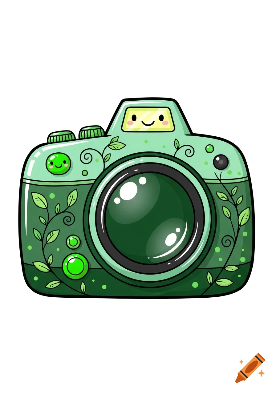 Cute cartoon camera in shades of green, adorned with leafy vines and smiling faces, on a white background.