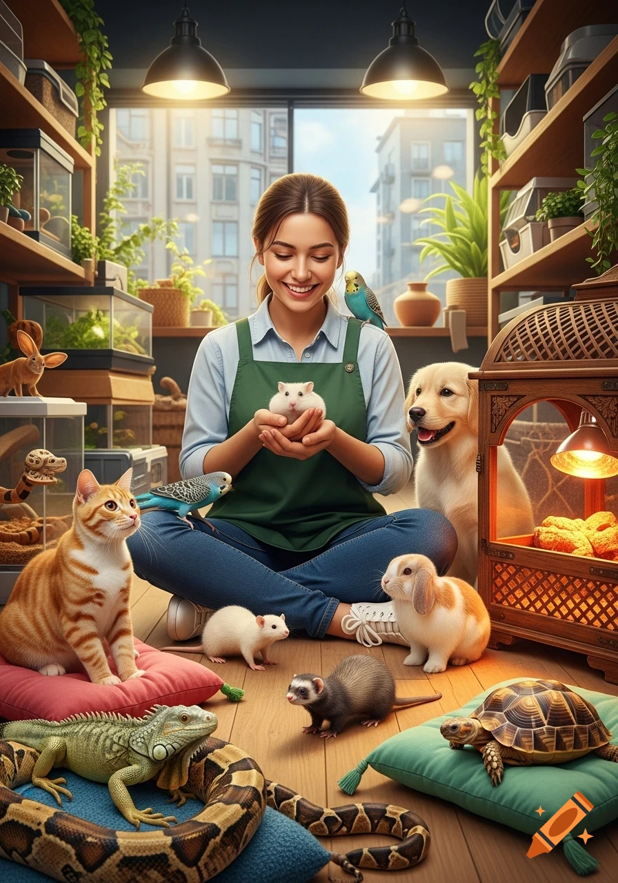Smiling woman holds a hamster, surrounded by a dog, cat, rabbits, iguana, snake, turtle, ferrets, and parakeets in a pet shop.
