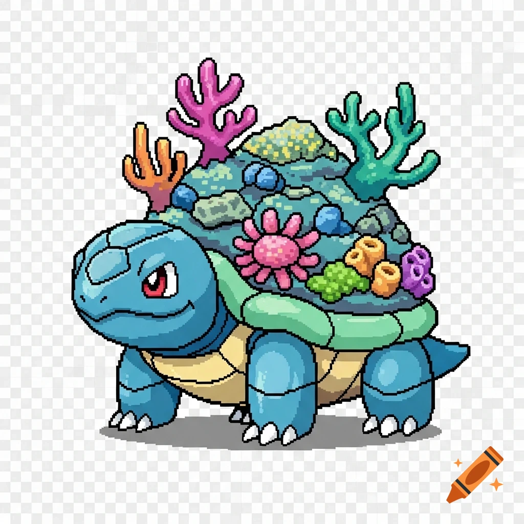 Pixel art of a blue sea turtle Pok 00e9mon with a vibrant coral reef on its shell, facing right.