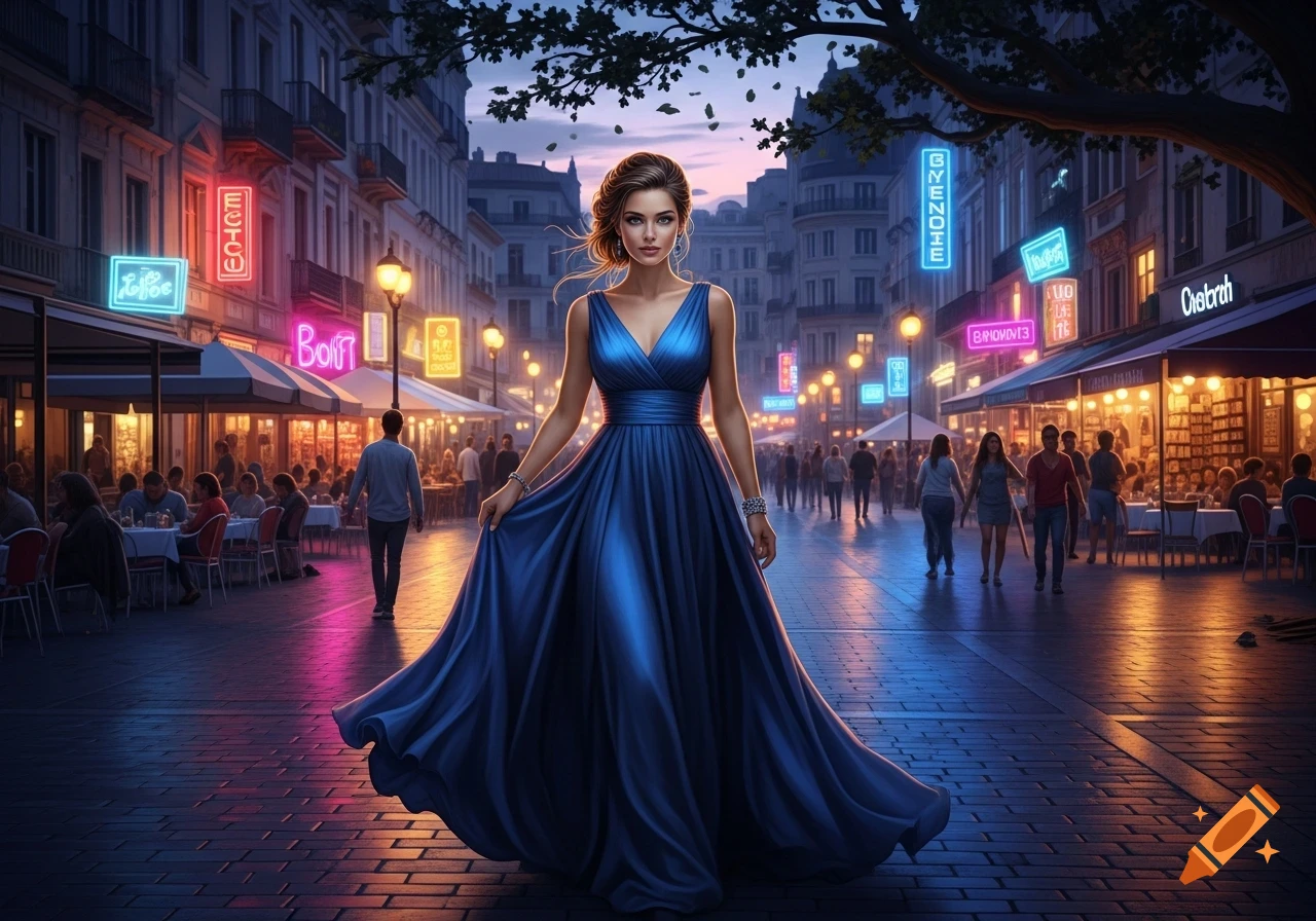Photorealistic image of a woman in a flowing blue gown walking on a neon-lit city street at night.