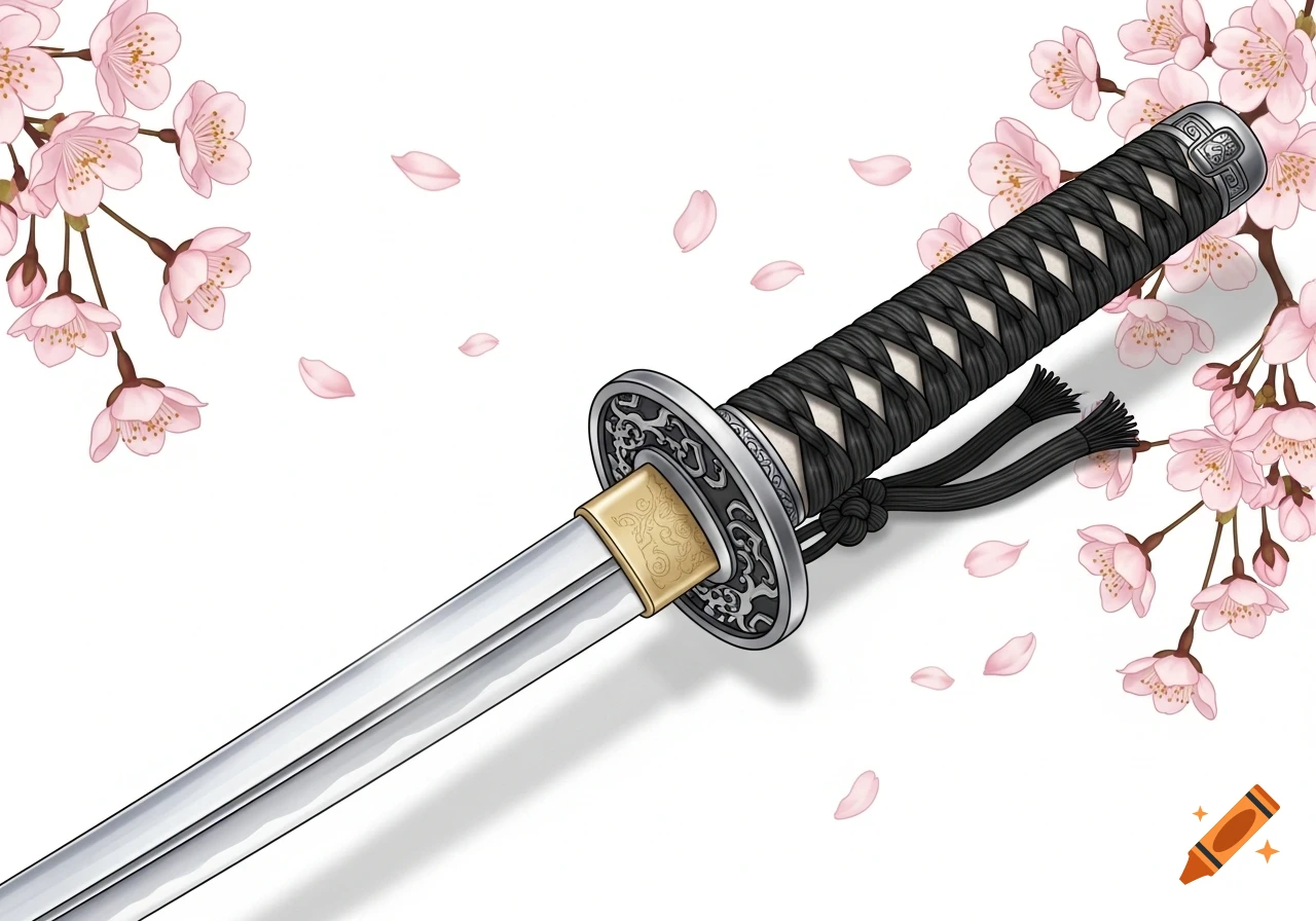 An illustration of a samurai katana with a black hilt and silver tsuba, surrounded by pink cherry blossoms and falling petals on a white background.