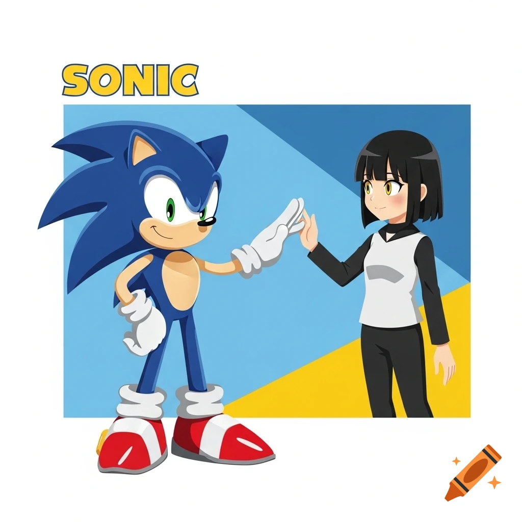 Sonic the Hedgehog high-fives a black-haired anime girl with yellow eyes.