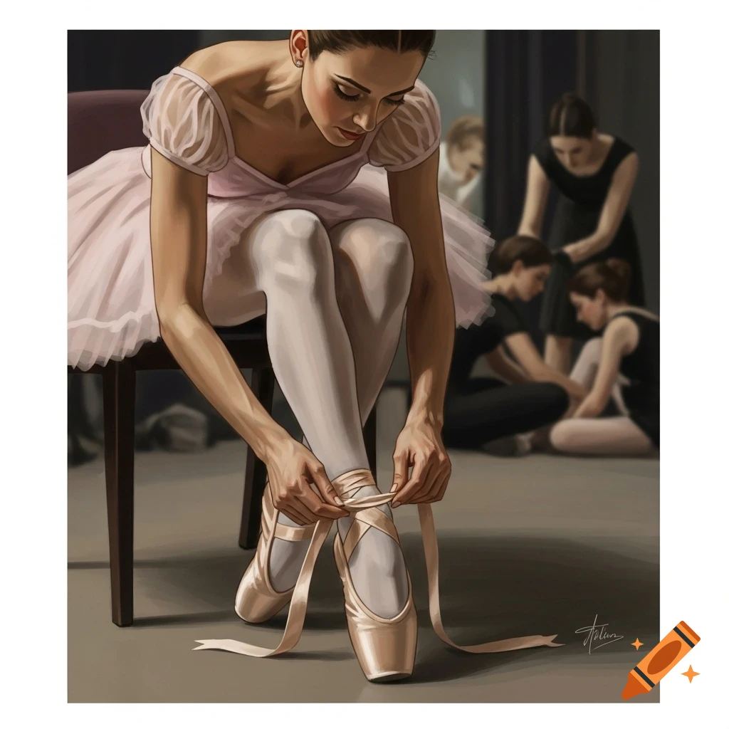 Realistic painting of a ballerina tying her pointe shoe backstage, with other dancers blurred in the background.