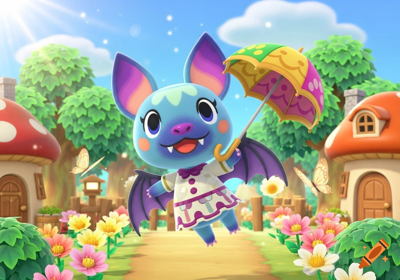 A cute blue and purple bat Animal Crossing character floats holding a colorful umbrella in a whimsical village with mushroom houses and flowers.